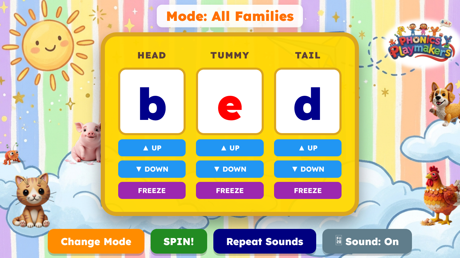 CVC Spin Game showing a CVC word