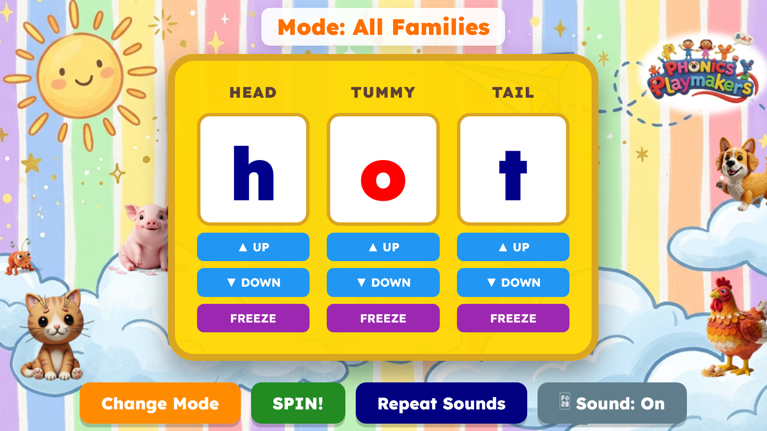 CVC Spin Game showing a CVC word
