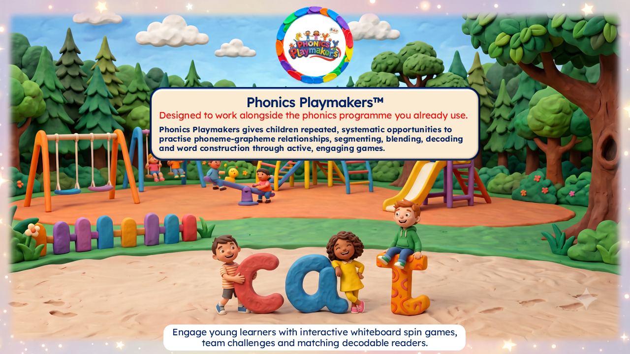 Phonics Playmakers clay-style playground scene with children playing with the letters C, A and T