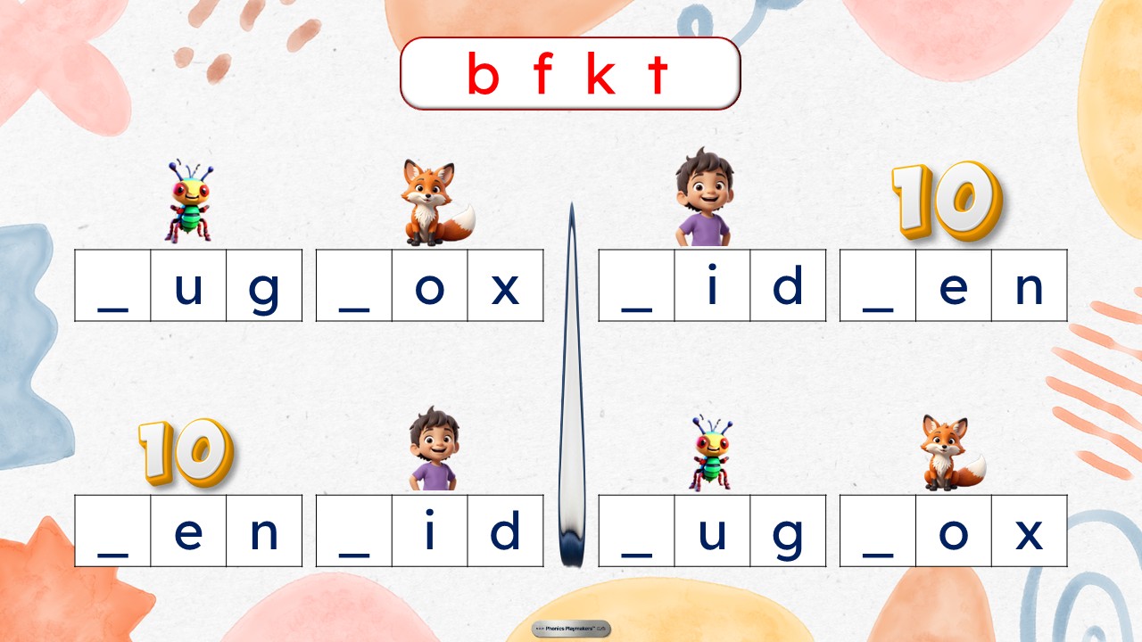 Beginning sounds round — children fill in the missing first letter of each CVC word