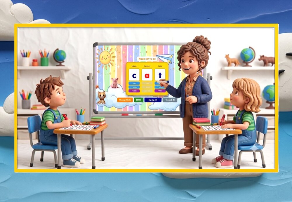 Children playing a CCVC whiteboard game with letter tiles