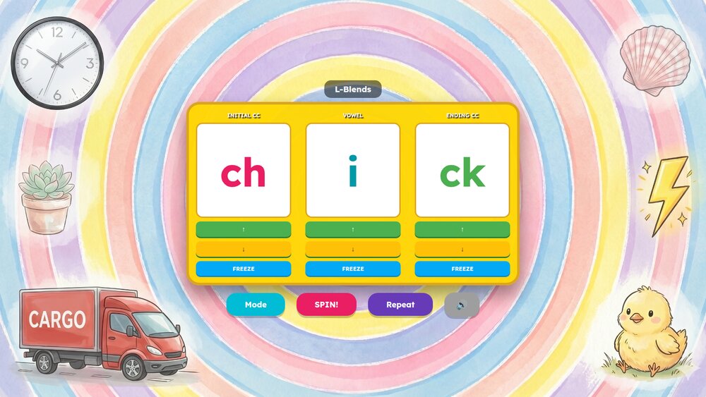 CCVCC Spin Game showing the word 'chick'