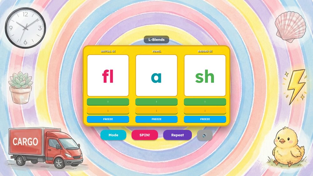 CCVCC Spin Game showing the word 'flash'