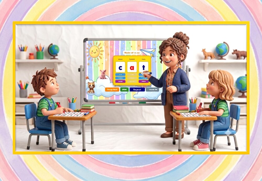 Children playing a CCVCC whiteboard game with letter tiles