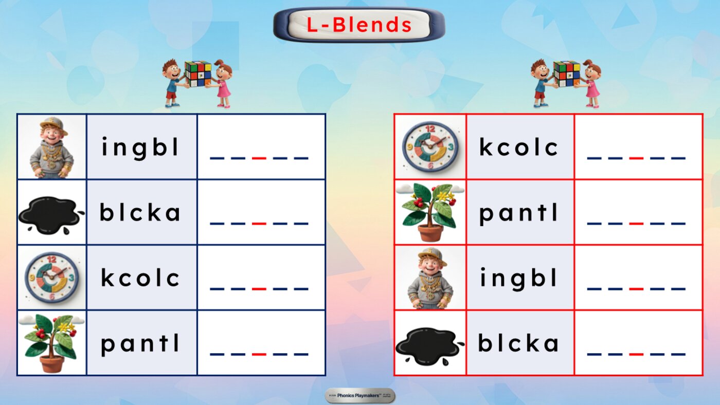 Level 1 Picture and Letter Clues — two teams unscramble letters like ingbl, blcka, kcolc and pantl using the picture as a clue