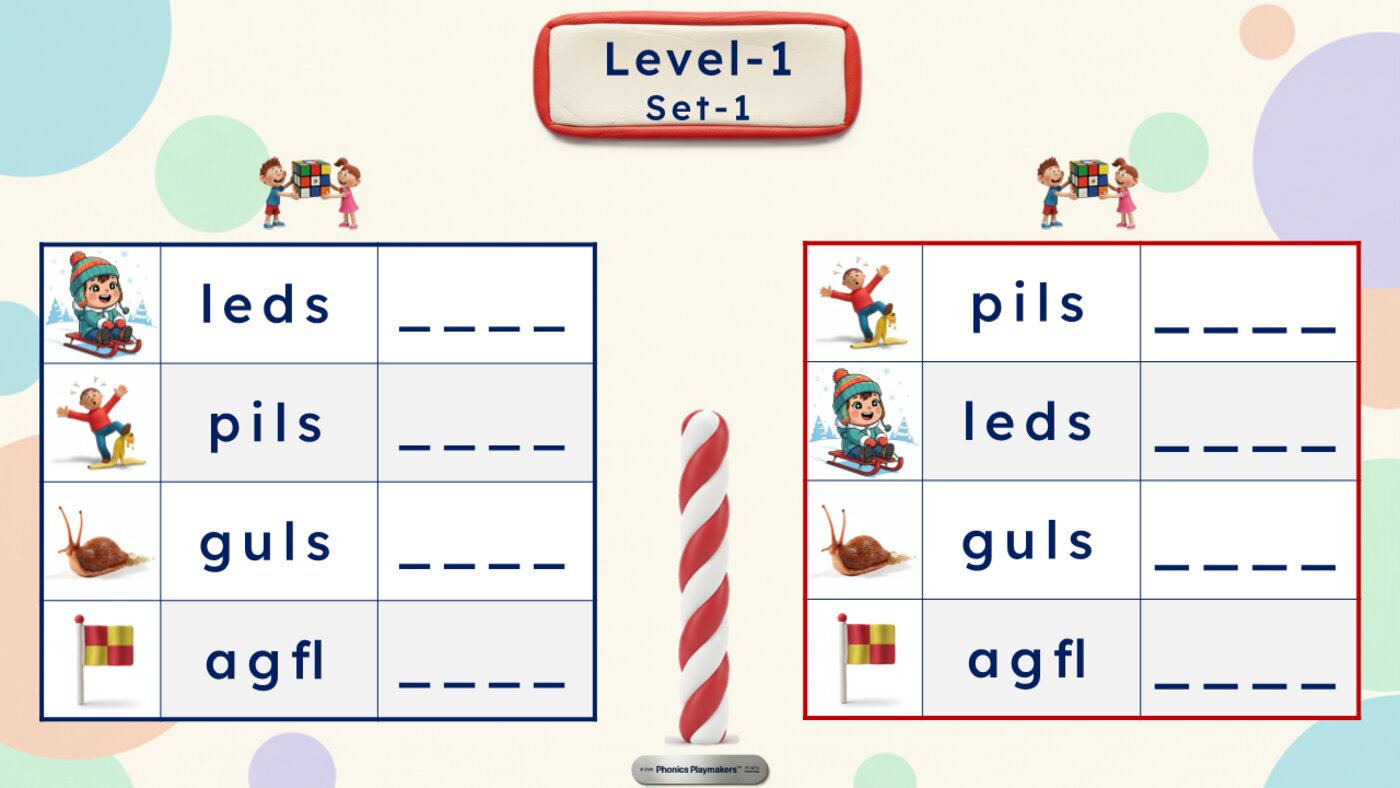 Level 1 Picture and Letter Clues — two teams unscramble letters like leds, pils, guls and agfl using the picture as a clue