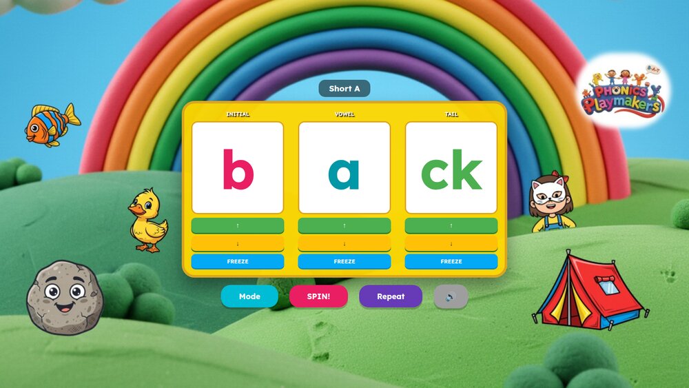 CVCC Spin Game showing the word 'back'