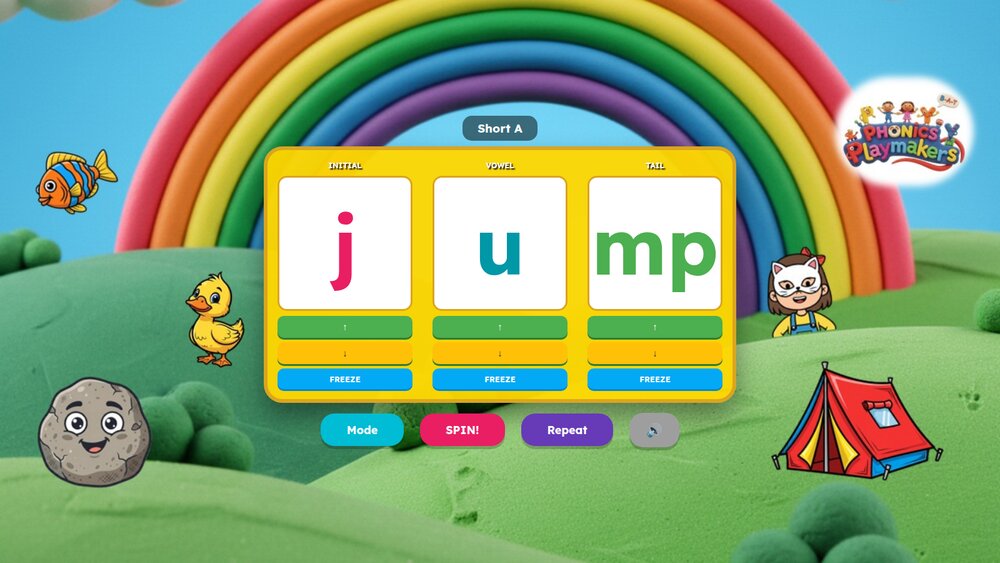 CVCC Spin Game showing the word 'jump'