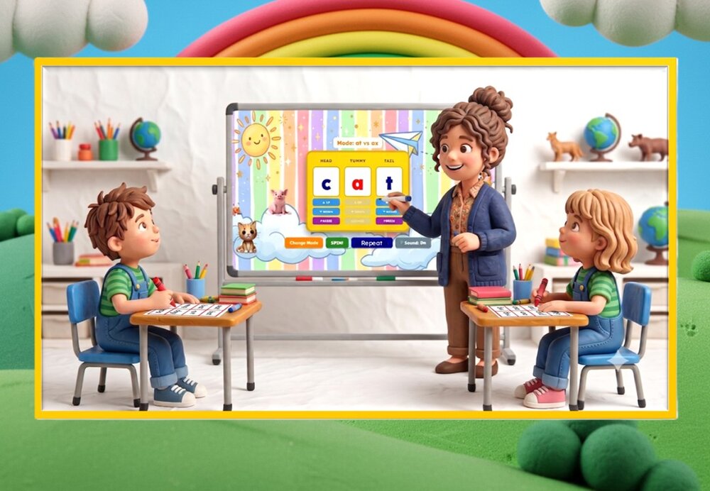 Children playing a CVCC whiteboard game with letter tiles