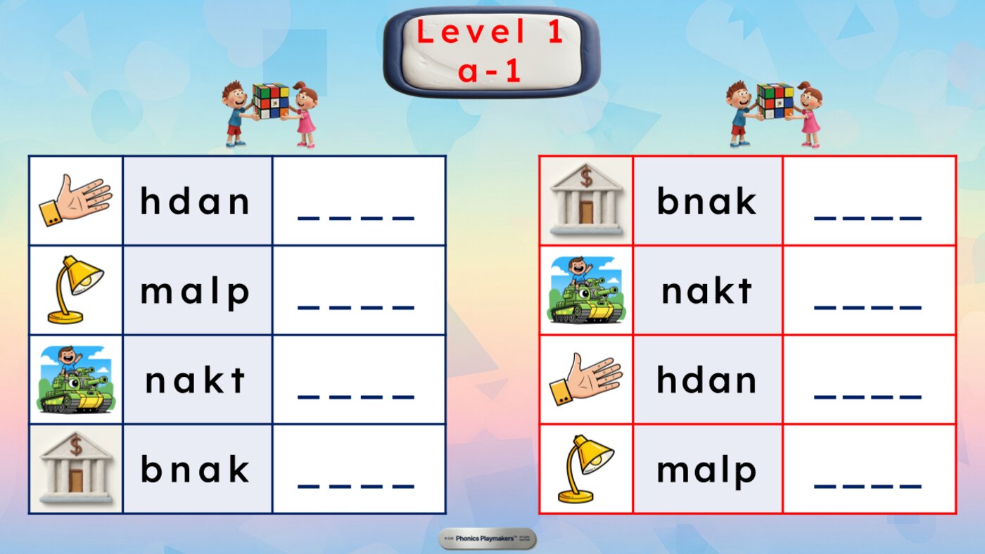 Level 1 Picture and Letter Clues — two teams unscramble letters like hdan, malp, nakt and bnak using the picture as a clue