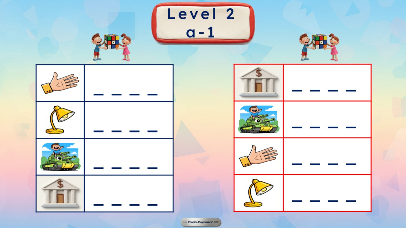 Level 2 Picture Clues — two teams use only the picture to identify and build each CVCC word
