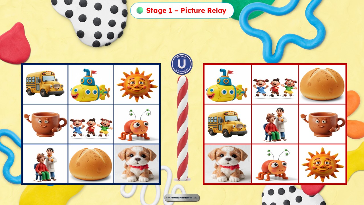 Stage 1 Picture Relay — two teams racing to name pictures matching CVC words