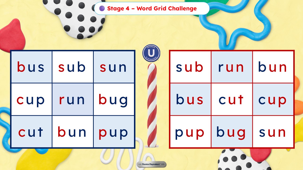 Stage 4 Word Grid Challenge — a grid of CVC words for teams to read quickly and accurately