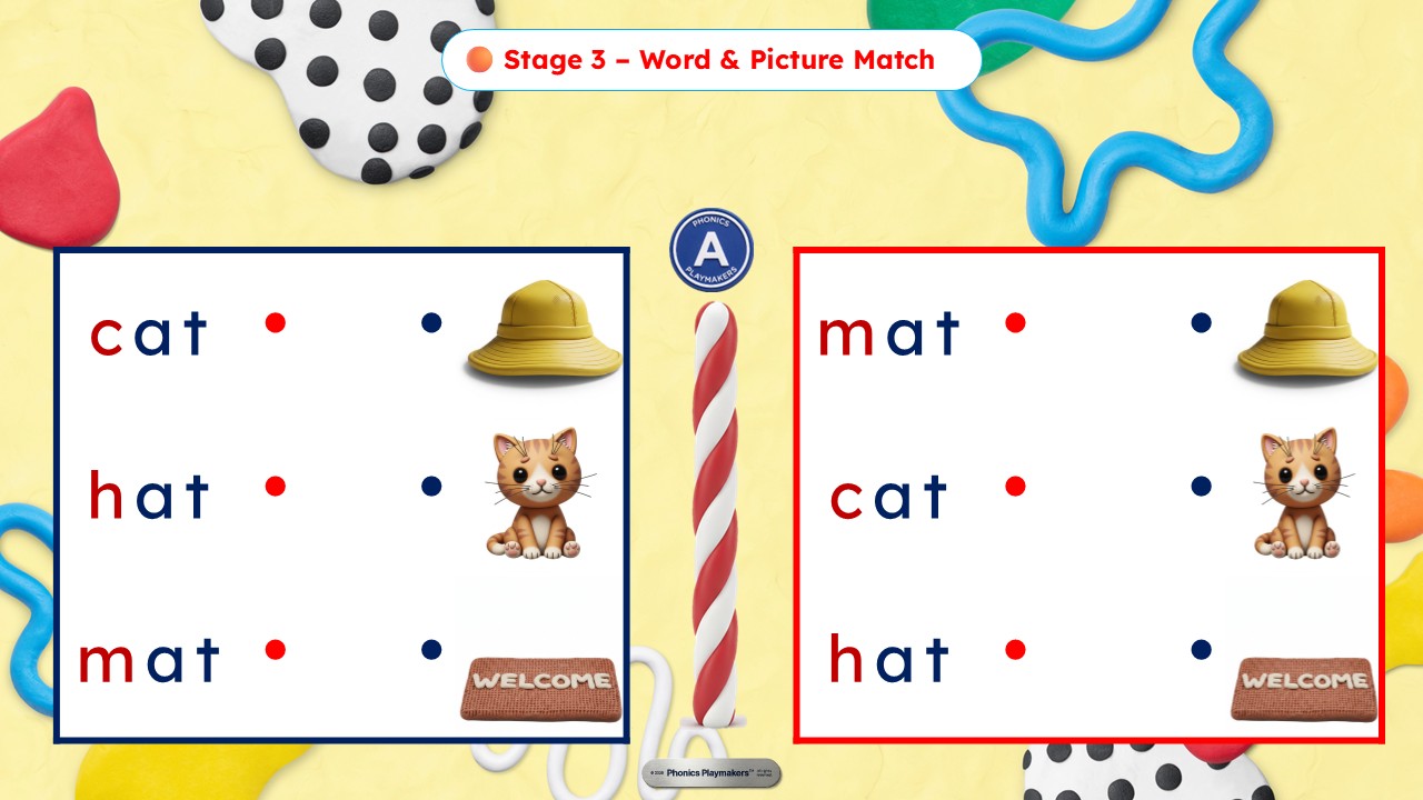 Stage 3 Word and Picture Match — teams race to match each CVC word to its picture