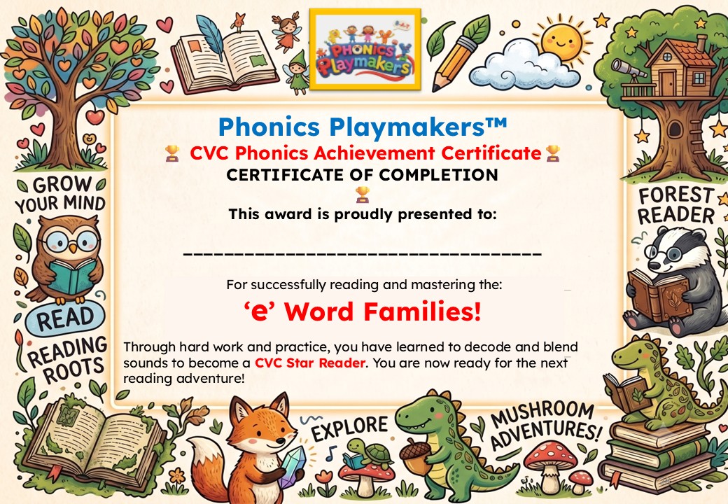 Phonics Playmakers CVC Phonics Achievement Certificate of Completion for the e Word Families section