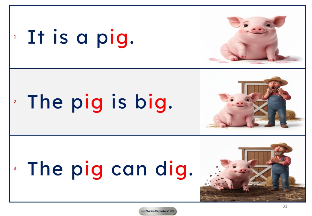 Decodable sentences: It is a pig. The pig is big. The pig can dig. — with the ig sound highlighted in red