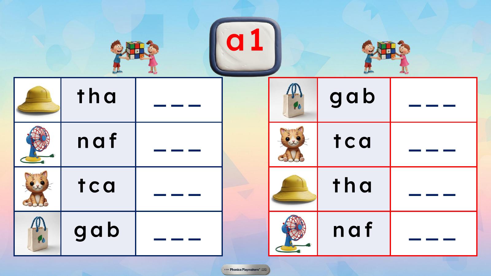 Level 1 Picture and Letter Clues — two teams unscramble letters like tha, naf, tca and gab using the picture as a clue
