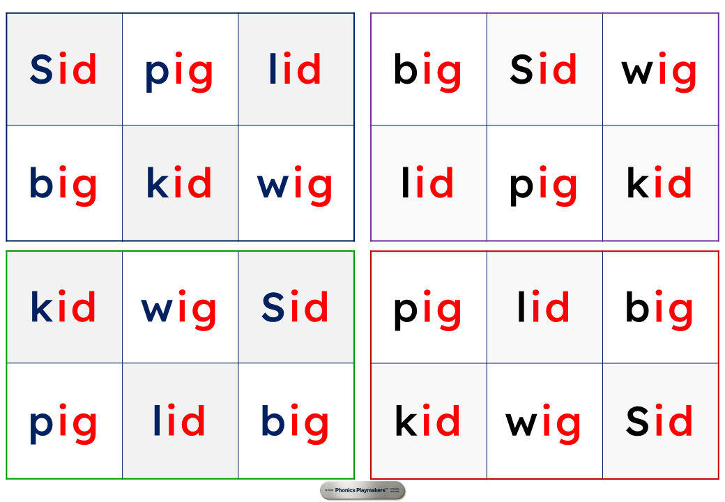 Four Level 1 Word Bingo cards showing the id vs ig word family as words, with the target sound highlighted