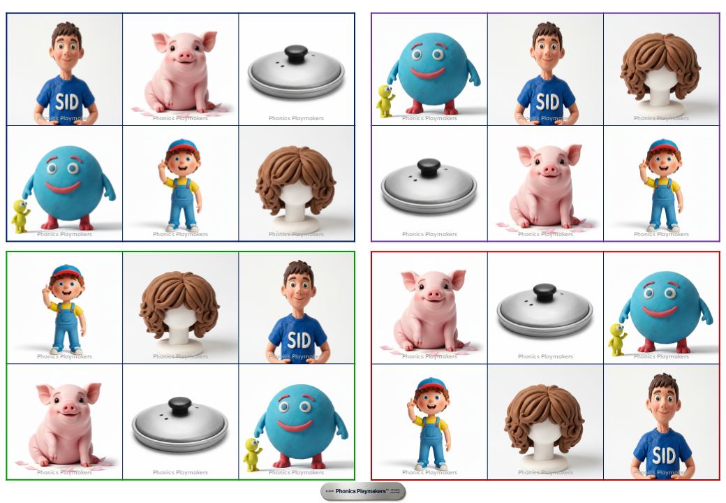 Four Level 1 Picture Bingo cards showing the id vs ig word family as pictures