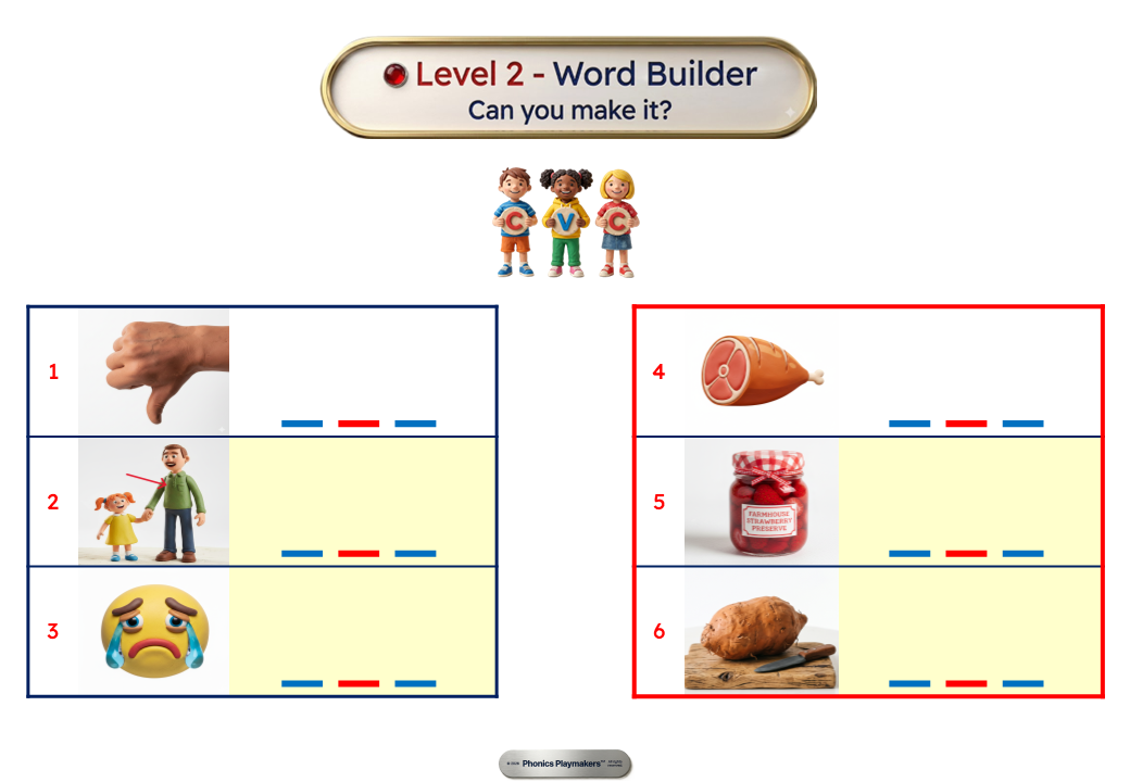 Level 2 Word Builder card with six picture clues and blank letter slots for children to build each CVC word