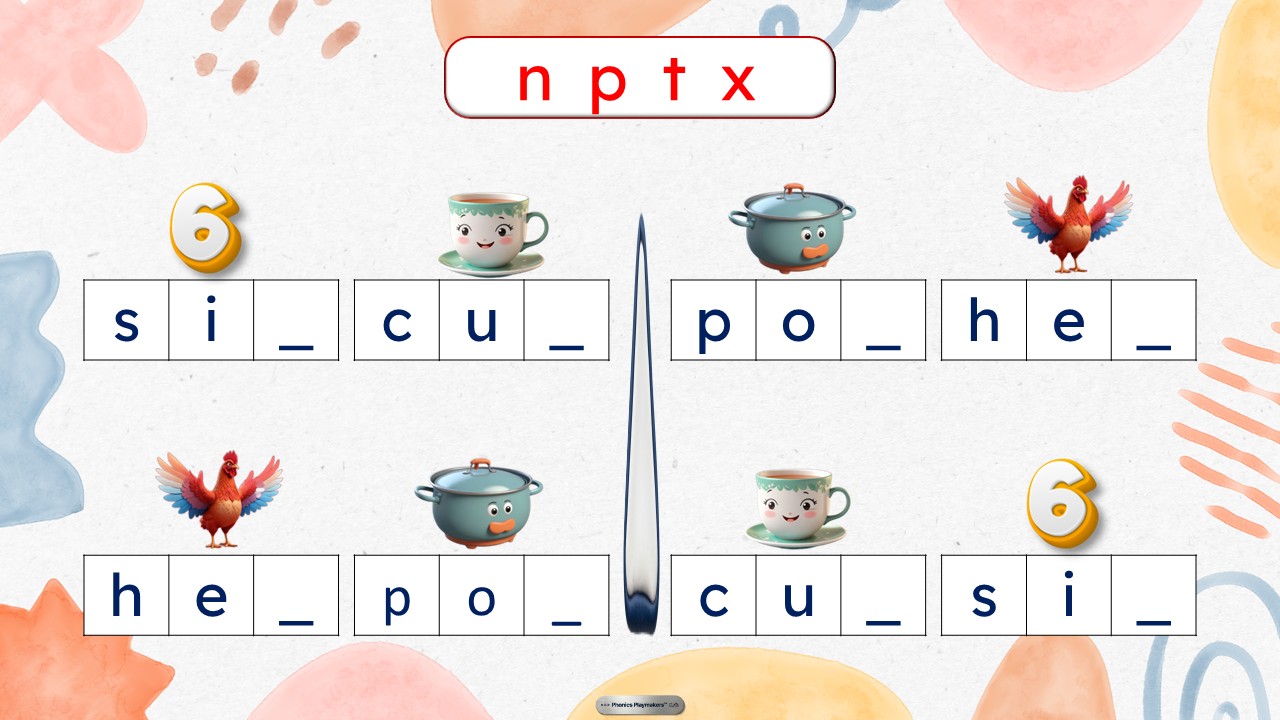 Ending sounds round — children fill in the missing final letter of each CVC word