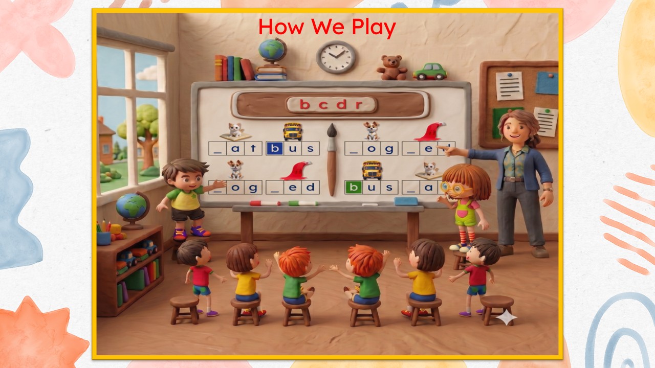 Illustration of a class playing the CVC Word Builder whiteboard relay game together
