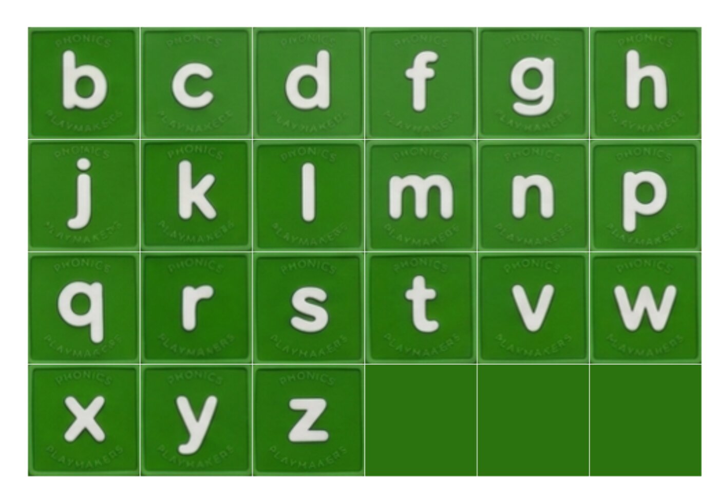 Full sheet of green consonant letter tiles from b to z
