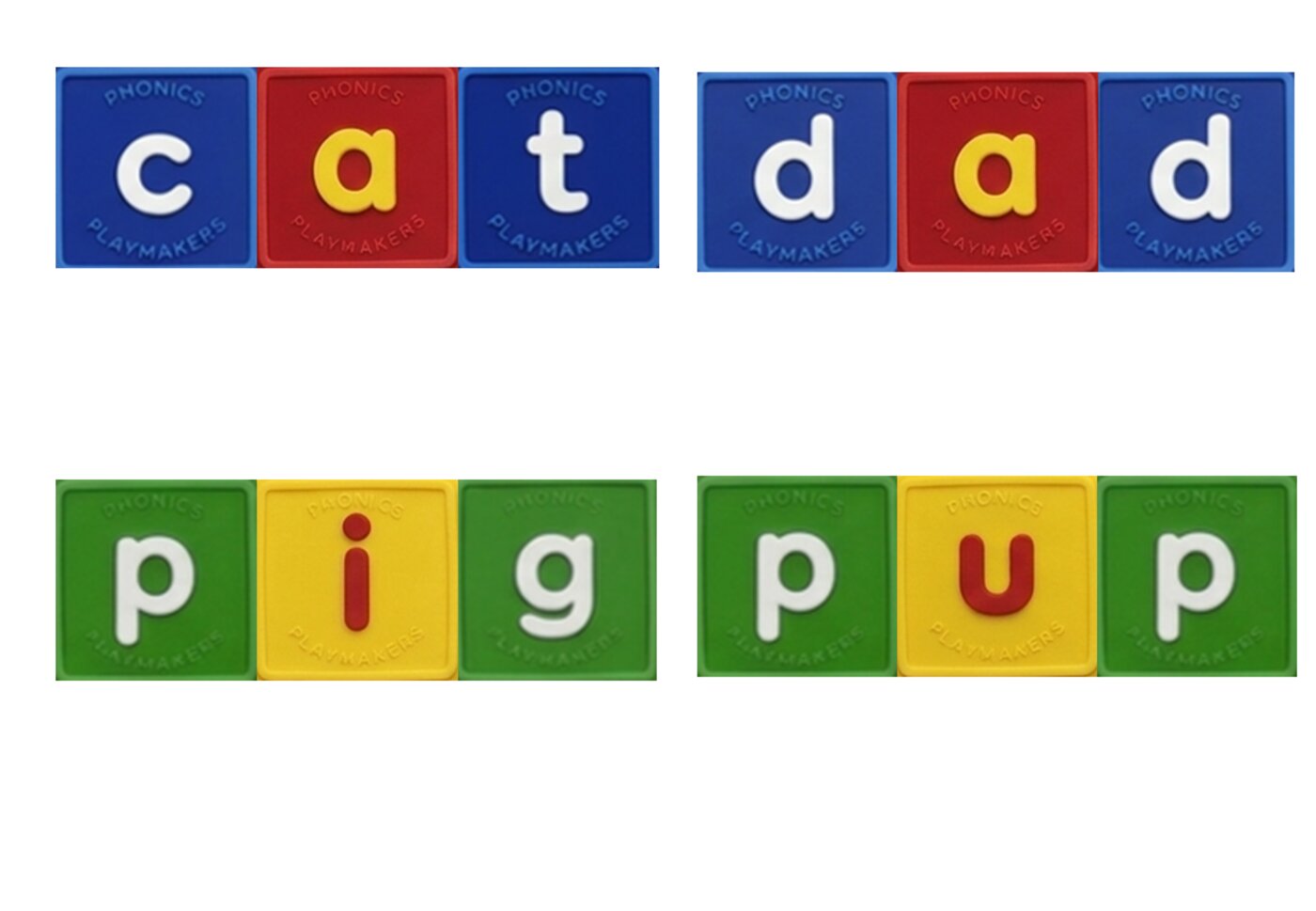 Close-up of letter tiles spelling cat, dad, pig and pup, showing the tile colours