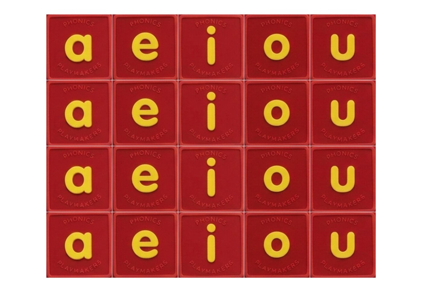 Sheet of red vowel letter tiles showing a, e, i, o and u repeated four times