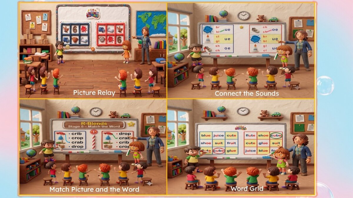 Four illustrated classroom scenes showing Picture Relay, Connect the Sounds, Choose the Word and Word Grid rounds being played