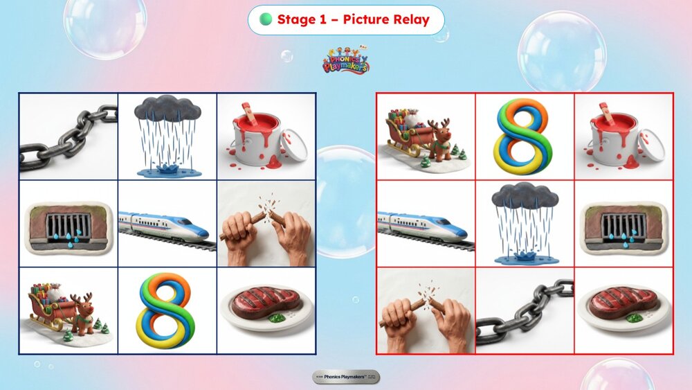 Stage 1 Picture Relay — two teams racing to find pictures matching Long A words