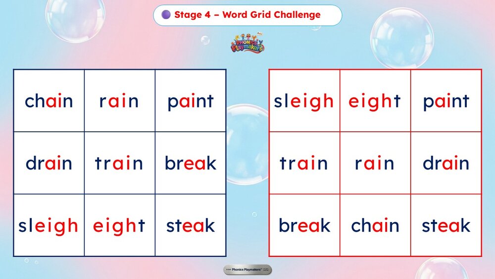 Stage 4 Word Grid Challenge — a grid of Long A words for teams to read quickly and accurately