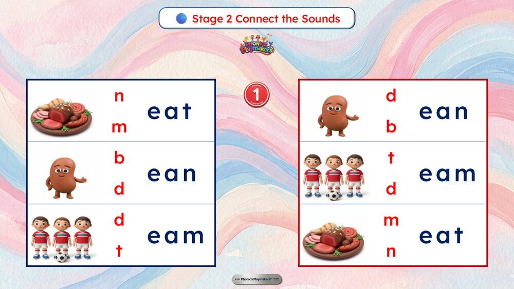 Stage 2 Connect the Sounds — children connect the missing sound to complete each Long E word