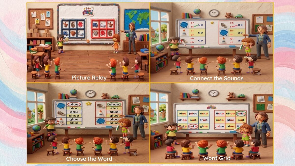 Four illustrated classroom scenes showing Picture Relay, Connect the Sounds, Choose the Word and Word Grid rounds being played