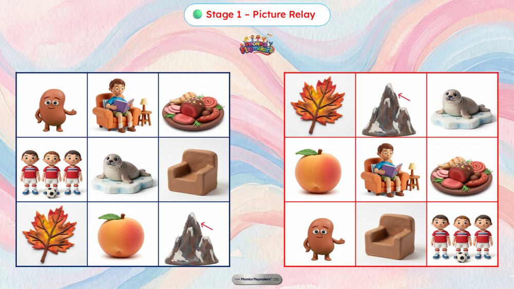 Stage 1 Picture Relay — two teams racing to find pictures matching Long E words