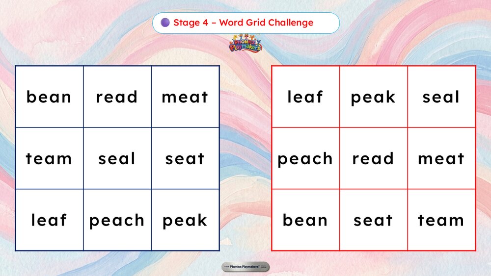 Stage 4 Word Grid Challenge — a grid of Long E words for teams to read quickly and accurately