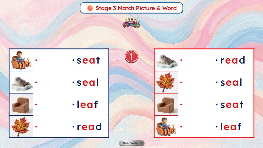 Stage 3 Word and Picture Match — teams race to match each Long E word to its picture