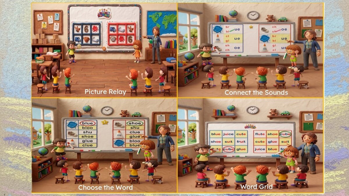 Four illustrated classroom scenes showing Picture Relay, Connect the Sounds, Choose the Word and Word Grid rounds being played