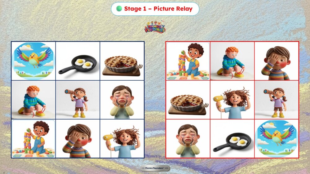 Stage 1 Picture Relay — two teams racing to find pictures matching Long I words