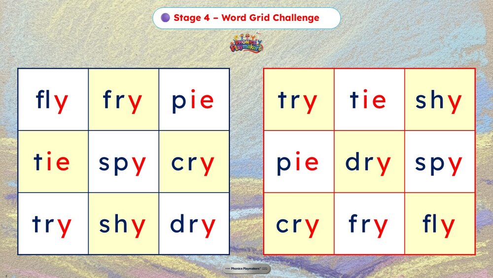 Stage 4 Word Grid Challenge — a grid of Long I words for teams to read quickly and accurately