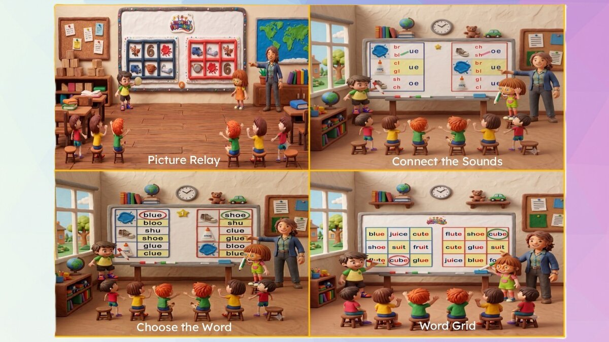 Four illustrated classroom scenes showing Picture Relay, Connect the Sounds, Choose the Word and Word Grid rounds being played
