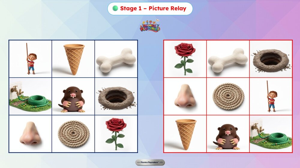 Stage 1 Picture Relay — two teams racing to find pictures matching Long O words