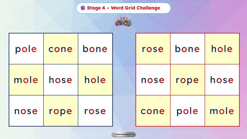 Stage 4 Word Grid Challenge — a grid of Long O words for teams to read quickly and accurately