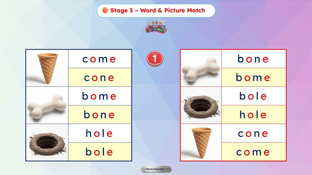 Stage 3 Word and Picture Match — teams race to match each Long O word to its picture