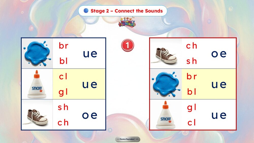 Stage 2 Connect the Sounds — children connect the missing sound to complete each Long U word