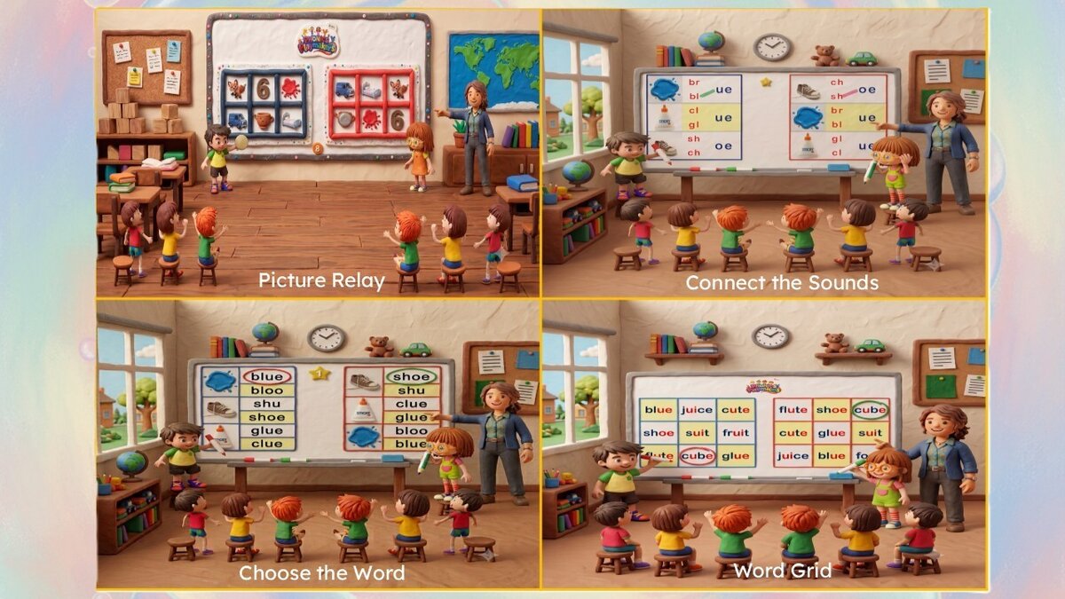 Four illustrated classroom scenes showing Picture Relay, Connect the Sounds, Choose the Word and Word Grid rounds being played