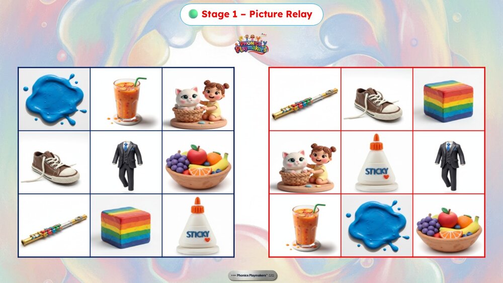 Stage 1 Picture Relay — two teams racing to find pictures matching Long U words