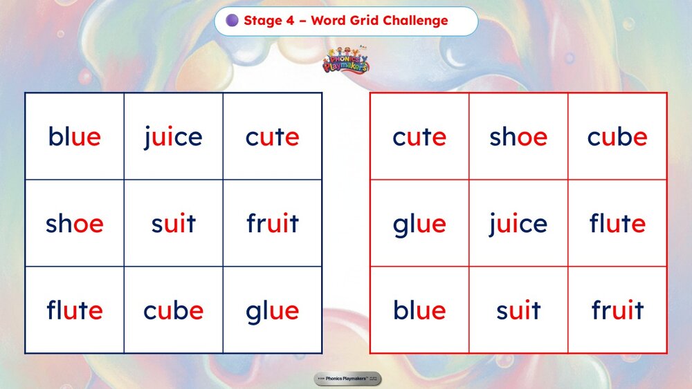 Stage 4 Word Grid Challenge — a grid of Long U words for teams to read quickly and accurately