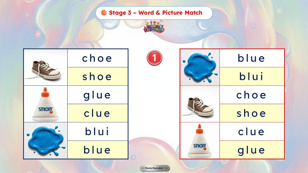 Stage 3 Word and Picture Match — teams race to match each Long U word to its picture