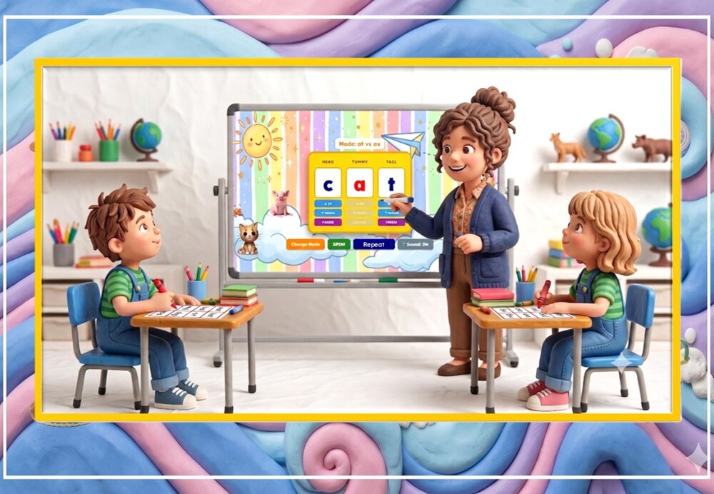 Children playing a Magic e whiteboard game with letter tiles